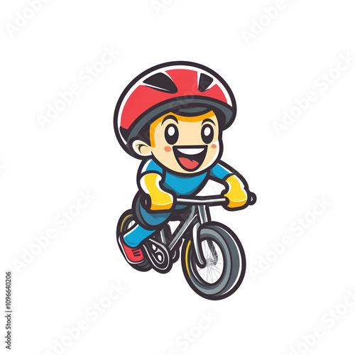 Fun bicycle rental service logo design mascot with a cheerful rider in urban setting for creative branding and marketing photo