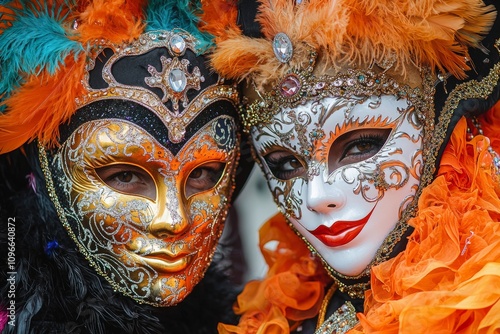 Two ornate Venetian masks adorned with feathers, gems, and intricate designs, worn by individuals during a carnival. This vibrant image captures themes of mystery, elegance, and celebration. photo