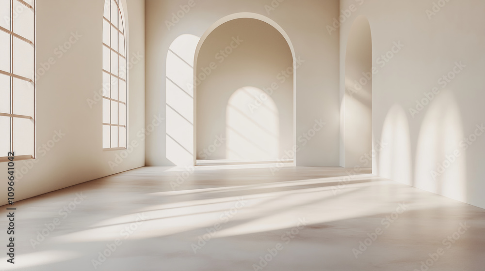 Bright room with arched doorway and soft sunlight casting shadows Bright room with arched doorway and soft sunlight casting shadows