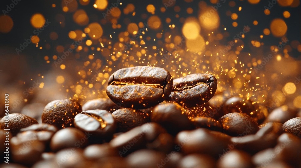 Roasted Coffee Beans Golden Sparkle Coffee Background Closeup Roasted Coffee Beans Golden Sparkle Coffee Background Closeup