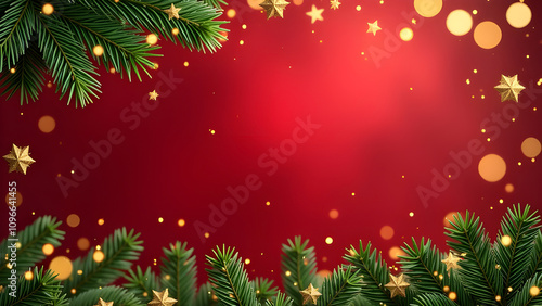 Christmas decorations border with fir branches and golden glitter confetti and sparkles of lights blur bokeh and red background