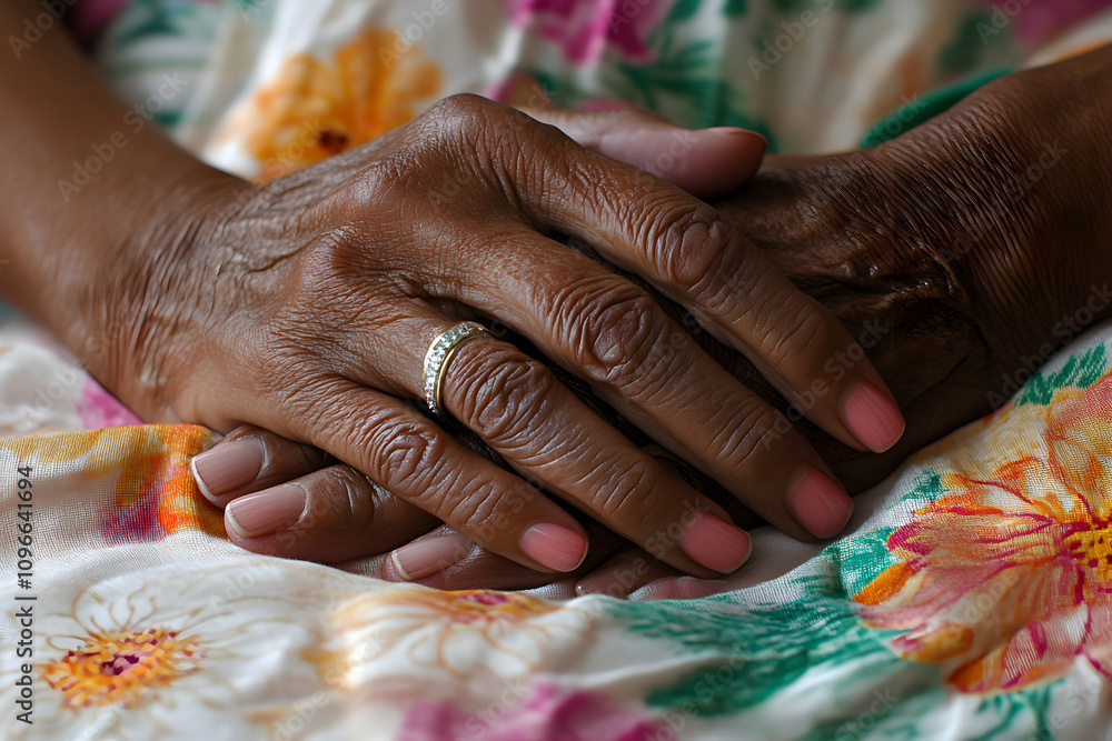 Aged Hands Resting on Floral Fabric Aged Hands Resting on Floral Fabric