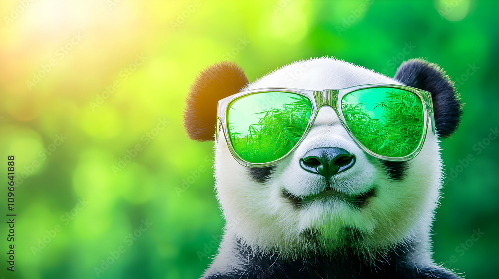 Fototapeta premium A cute panda wearing green sunglasses smiles in a vibrant green backdrop, exuding a playful and relaxed vibe.