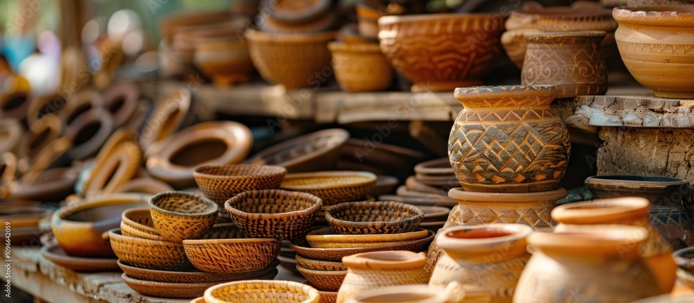 Collection of handcrafted pottery and woven bowls displayed on wooden shelves at an outdoor market. Collection of handcrafted pottery and woven bowls displayed on wooden shelves at an outdoor market.