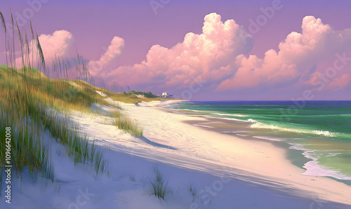 Serene beach landscape at sunset, featuring soft pink clouds, white sand dunes, sea oats, and turquoise ocean waves gently lapping the shore. A peaceful coastal scene perfect for relaxation.