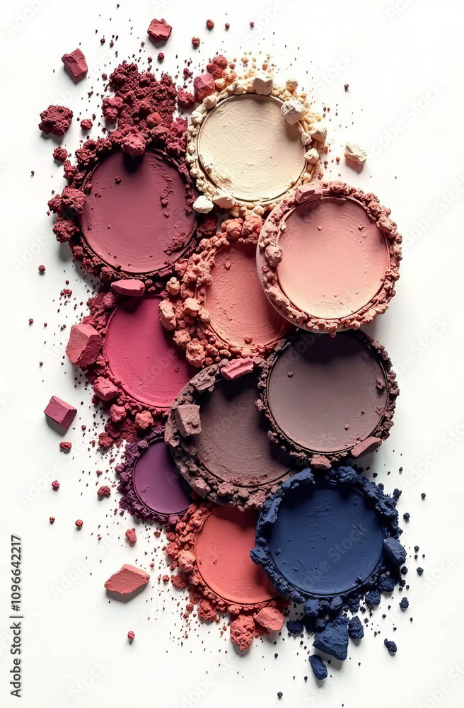 Set of crumbled eyeshadows, dry cracked texture, palette, different colors and shapes, isolate on white background