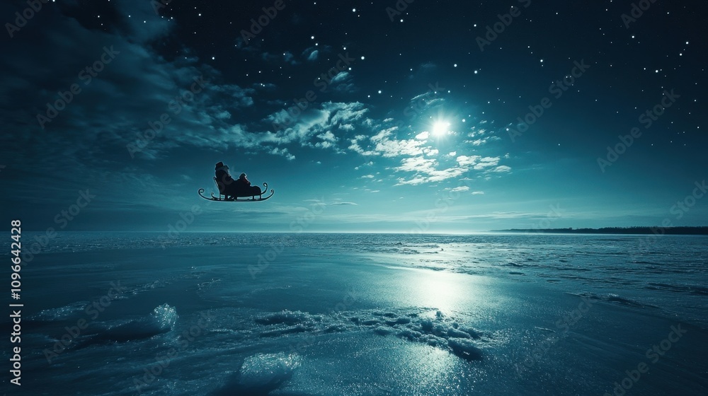 Santa on his sleigh soaring over a frozen lake, with the moonlight reflecting beautifully on the icy surface Santa on his sleigh soaring over a frozen lake, with the moonlight reflecting beautifully on the icy surface