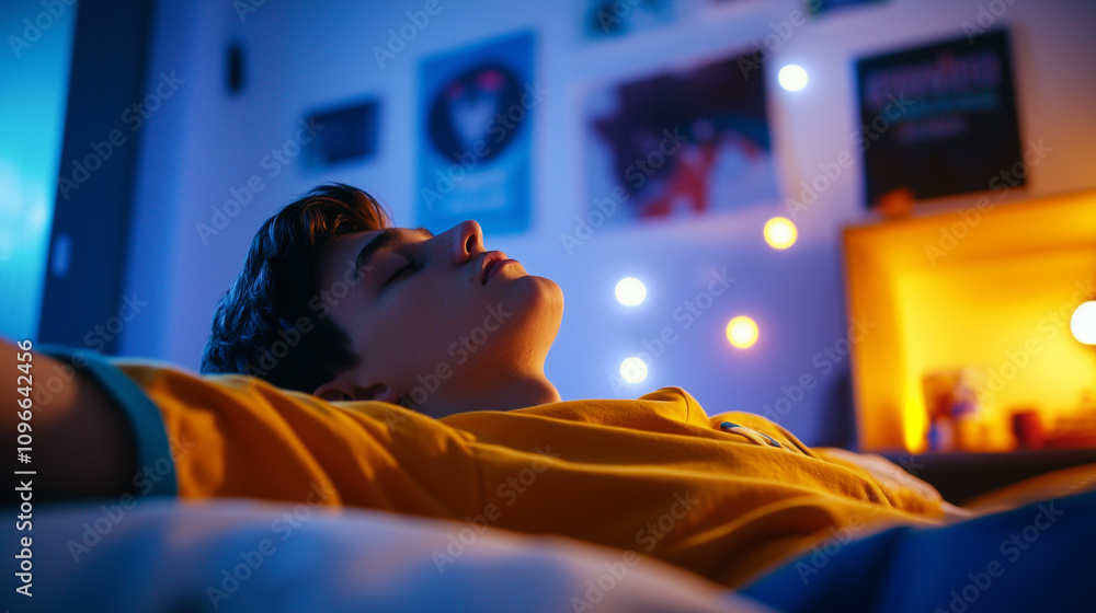 Introspection in Dim Light as a Teenager Grapples With Solitude and Emotional Weight in a Personal Sanctuary