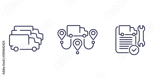 commercial fleet line icons with trucks, fleet management vector
