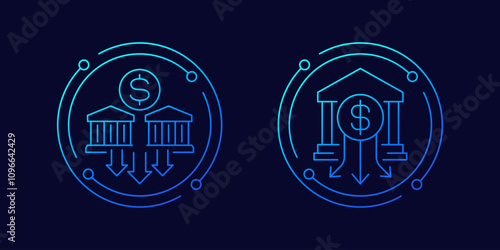 bank deposits drain icons, cash withdrawals, linear design