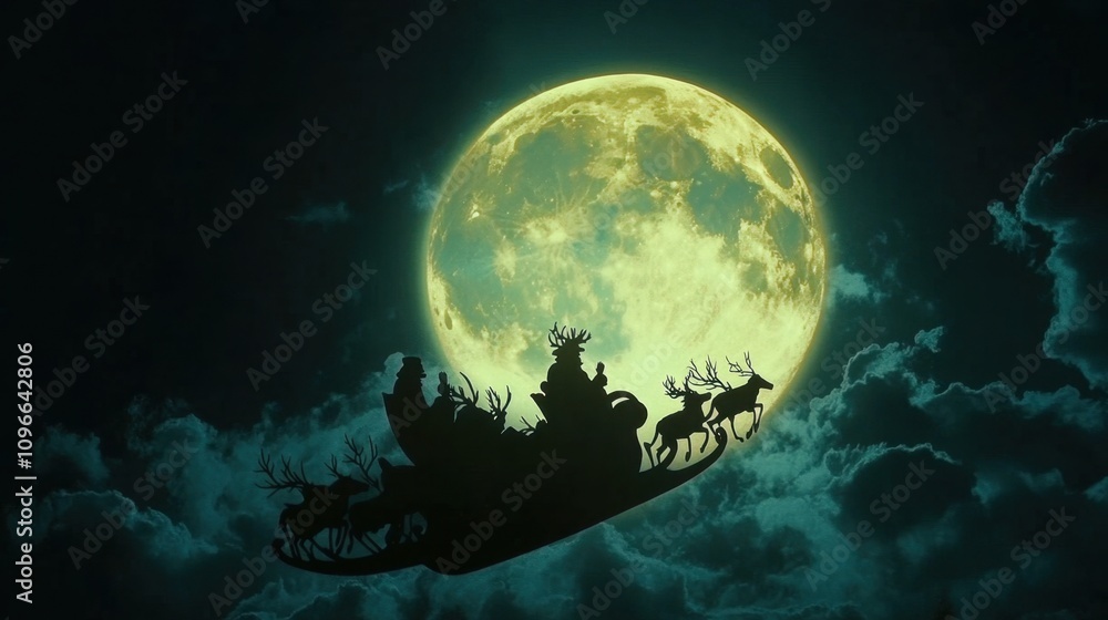 Santa's silhouette on his sleigh against the glowing full moon, with the reindeer galloping across the dark sky. Santa's silhouette on his sleigh against the glowing full moon, with the reindeer galloping across the dark sky.