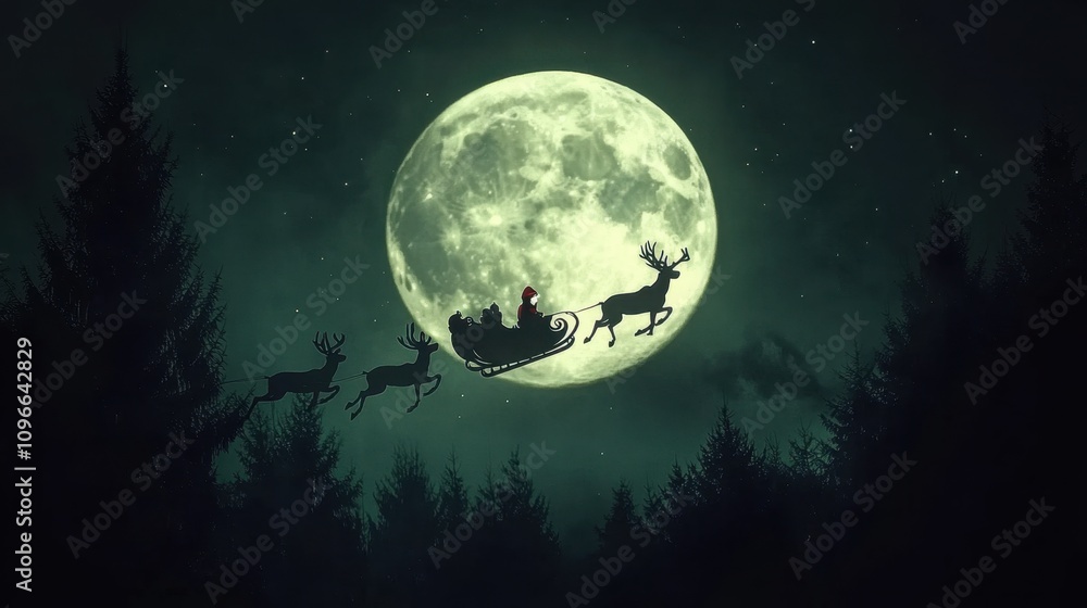 Santa's silhouette on his sleigh against the glowing full moon, with the reindeer galloping across the dark sky. Santa's silhouette on his sleigh against the glowing full moon, with the reindeer galloping across the dark sky.