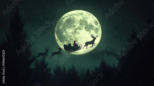 Santa's silhouette on his sleigh against the glowing full moon, with the reindeer galloping across the dark sky.