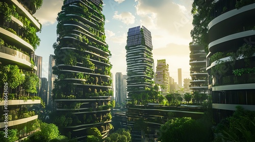 A futuristic eco-cityscape with solar-paneled skyscrapers, integrated greenery, and sustainable infrastructure, showcasing innovative urban planning, ultra-realistic photo