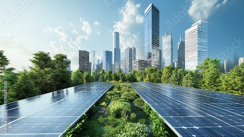 A futuristic eco-cityscape with solar-paneled skyscrapers, integrated greenery, and sustainable infrastructure, showcasing innovative urban planning, ultra-realistic photo