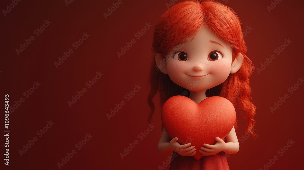 Fototapeta premium A 3D rendered girl holding a heart stands cheerfully among floating red hearts, evoking warmth and joy for a romantic red theme.