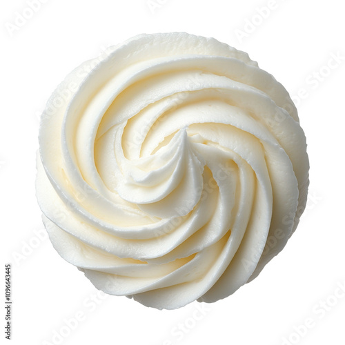 Round cupcake with white cream, top view on transparent background.