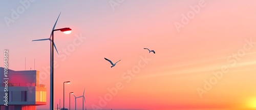 A group of offshore wind turbines with seagulls flying around