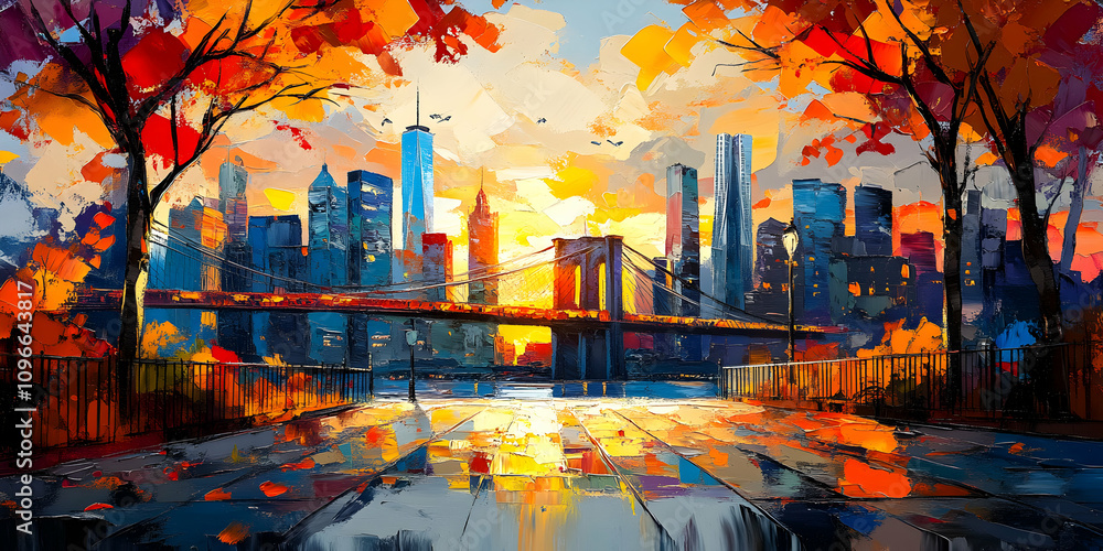 Fototapeta premium Autumnal Cityscape. Bridge at Sunset
