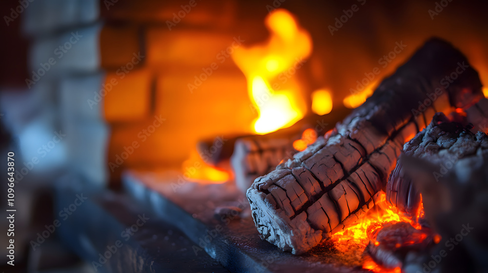 Fototapeta premium Cozy fireplace ambiance with burning logs and glowing embers