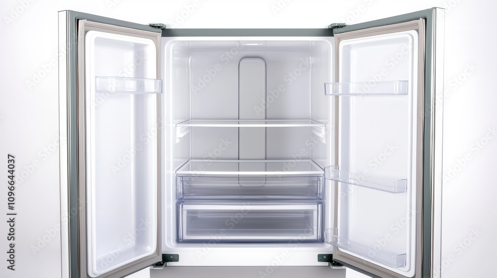 open empty refrigerator with door slightly closed, showcasing its spacious interior and clear shelves, perfect for organizing food items open empty refrigerator with door slightly closed, showcasing its spacious interior and clear shelves, perfect for organizing food items