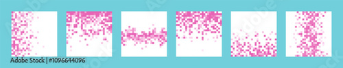 Set of vector cards with pink pixel gradation. Collection of images with raster pixelation effect. Trendy abstract backgrounds with halftone transition, Y2K retro design.
