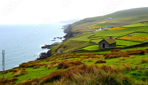 Rural countryside coastal view of croft farmland overlooking ocean on a wet raining day in Outer Hebrides of Scotland UK isolated highlighted by white, png photo