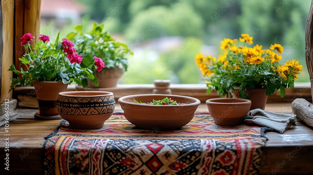 Rustic window sill with terracotta bowls, vibrant flowers, and a colorful placemat, showcasing a simple salad. Rustic window sill with terracotta bowls, vibrant flowers, and a colorful placemat, showcasing a simple salad.