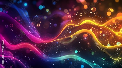 Colorful Abstract Background with Vibrant Waves, Bubbles, and Rainbow-Colored Lines and Dots – Vector Illustration for Design and Banners