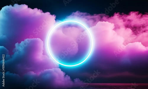 Wallpaper Mural Blue neon circle frame isolated cloudy background video. Blue neon light ring. Fashion sphere display area. Advertising concept background video. Copy paste area Torontodigital.ca
