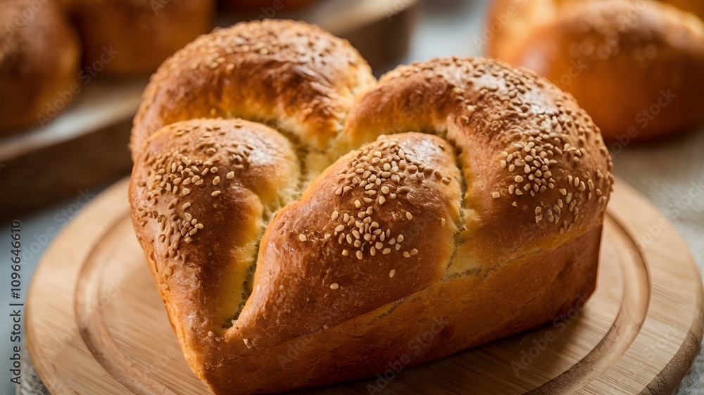 Heart-shaped golden bread with sesame seeds on wooden board Heart-shaped golden bread with sesame seeds on wooden board