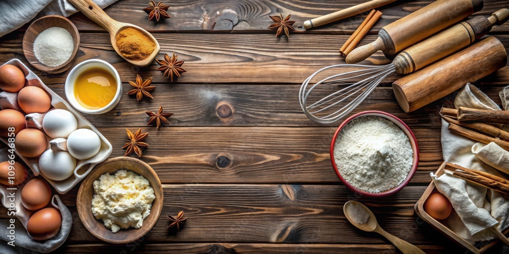 A Culinary Canvas Rustic Wooden Tabletop Adorned with Baking Essentials, From Flour to Eggs, Cinnamon Sticks, Star Anise, and Whisk A Culinary Canvas Rustic Wooden Tabletop Adorned with Baking Essentials, From Flour to Eggs, Cinnamon Sticks, Star Anise, and Whisk