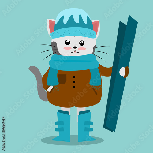  Cute cat skiing in winter clothes perfect to sticker, mascoot, logo   photo