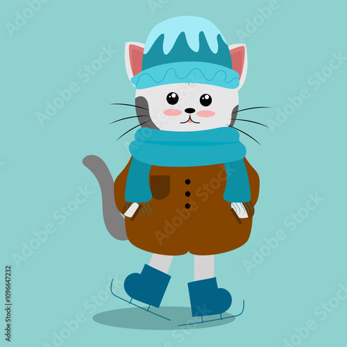 Cartoon cat ice skating perfect to sticker, clipart, mascoot photo