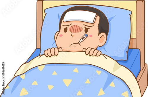 Cartoon of sick boy lying on the bed.