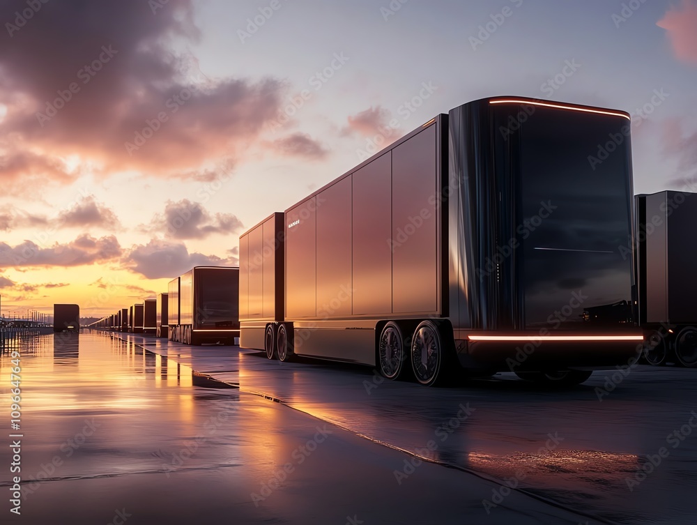 Electric semitrucks loading cargo at a renewablepowered logistics hub Electric semitrucks loading cargo at a renewablepowered logistics hub