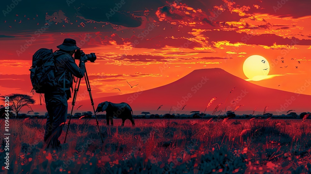 Photographer capturing images of wildlife, such as lions or elephants, in their natural habitat Photographer capturing images of wildlife, such as lions or elephants, in their natural habitat