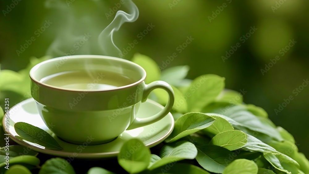 A freshly brewed cup of green tea on a pastel mint background. The concept is pure, soothing freshness. Copy space A freshly brewed cup of green tea on a pastel mint background. The concept is pure, soothing freshness. Copy space