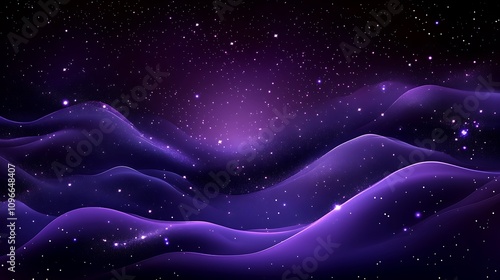 Purple Glowing Abstract Background with Glitter, Bokeh Lights, Shining Stars, and Digital Wave of Particles – Fantasy Landscape on a Dark Night Sky