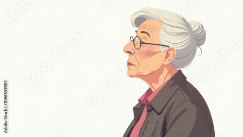 Elderly thinking woman with glasses looks pensively to the side, wearing a jacket