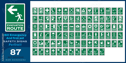 87 set iso emergency and first aid safety signs v80_evacuation route_portrait size a4/a3/a2/a1 