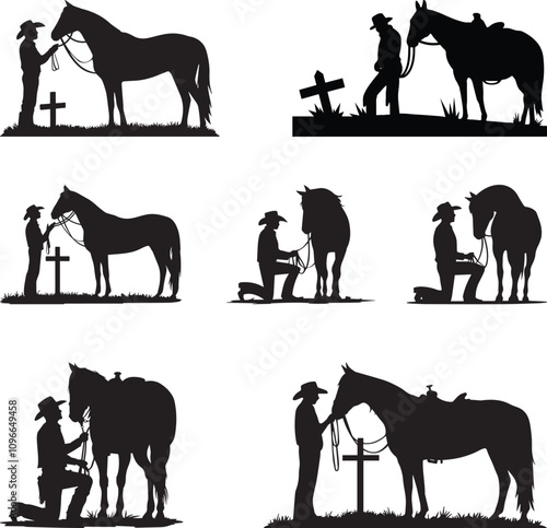 Cowboy kneeling at cross Vector Silhouette, cowboy kneeling SVG, Cowboy's Prayer Illustration