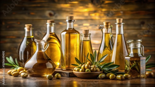 A collection of glass bottles filled with golden olive oil, surrounded by fresh green olives and branches, resting on a rustic wooden table.