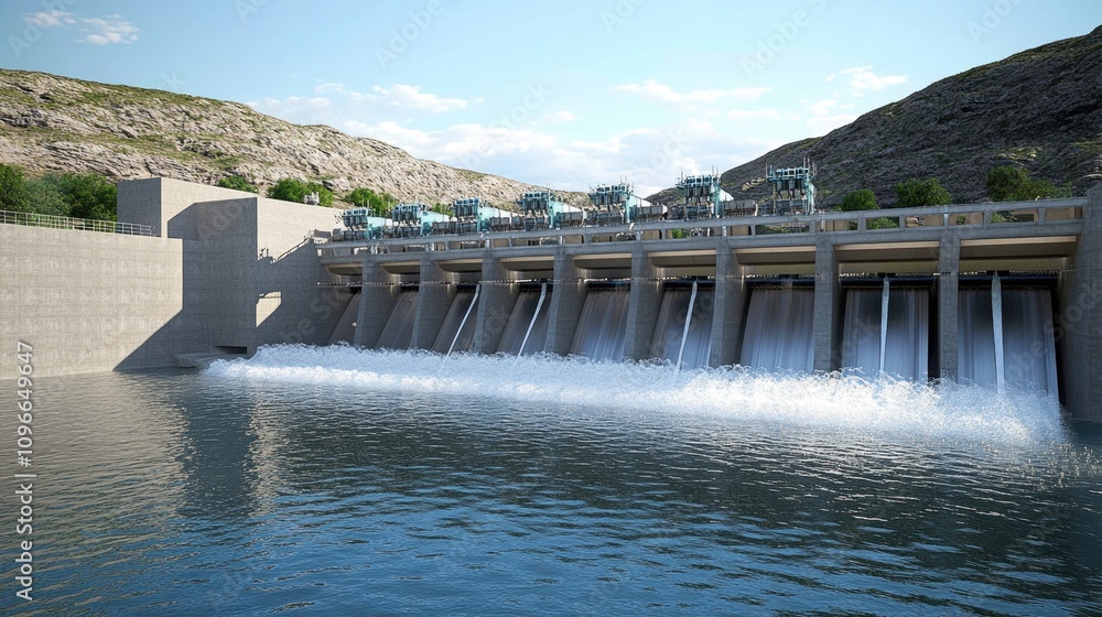 Water forcefully emerging from a hydroelectric dams turbines, surrounded by verdant mountains and a crystal-clear river below. Water forcefully emerging from a hydroelectric dams turbines, surrounded by verdant mountains and a crystal-clear river below.