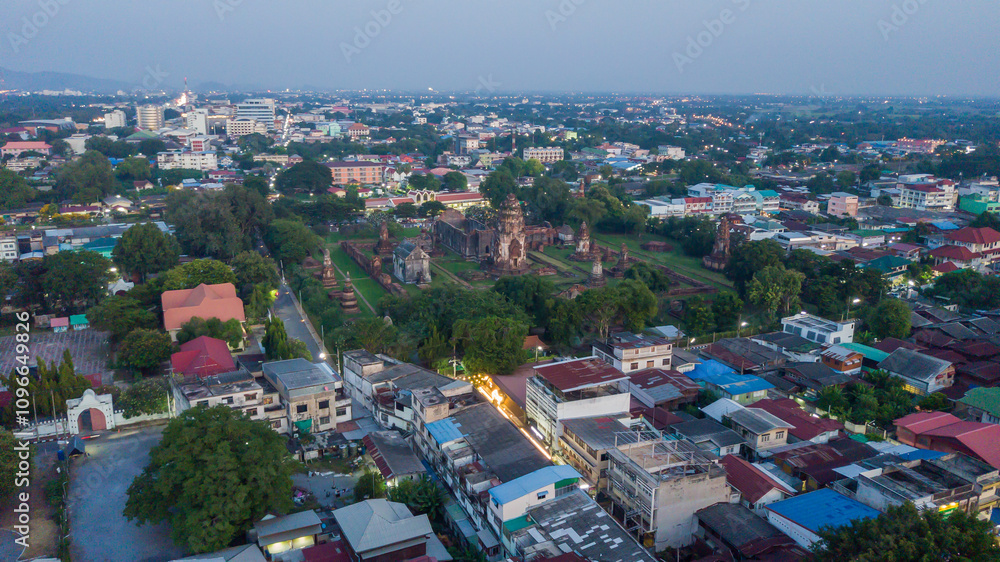 Fototapeta premium aerial view from drone: Wat Phra Sri Rattana Mahathat, The famous public temple in Lop Buri,