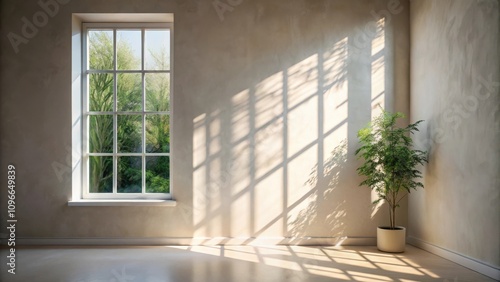 Sunlight streams through a window casting a grid of shadows on a light beige wall, highlighting a potted plant in the corner of the room.