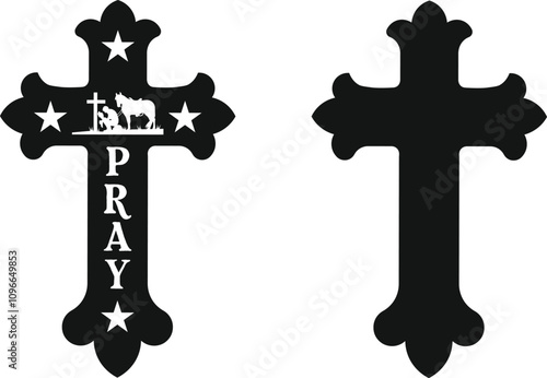 Black line Christian cross icon isolated on white background. Church cross.