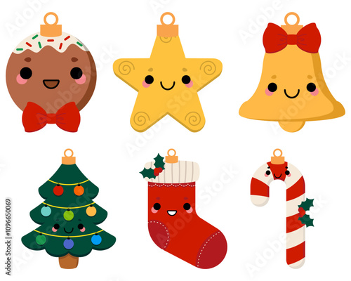 Cute Christmas ball ornaments of Gingerbread man, star, bell, Christmas tree, stocking and candy cane, vector illustration 