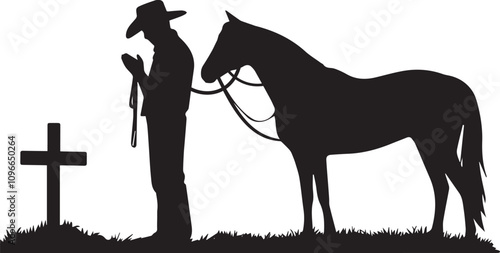 Cowboy kneeling at cross Vector Silhouette, cowboy kneeling SVG, Cowboy's Prayer Illustration