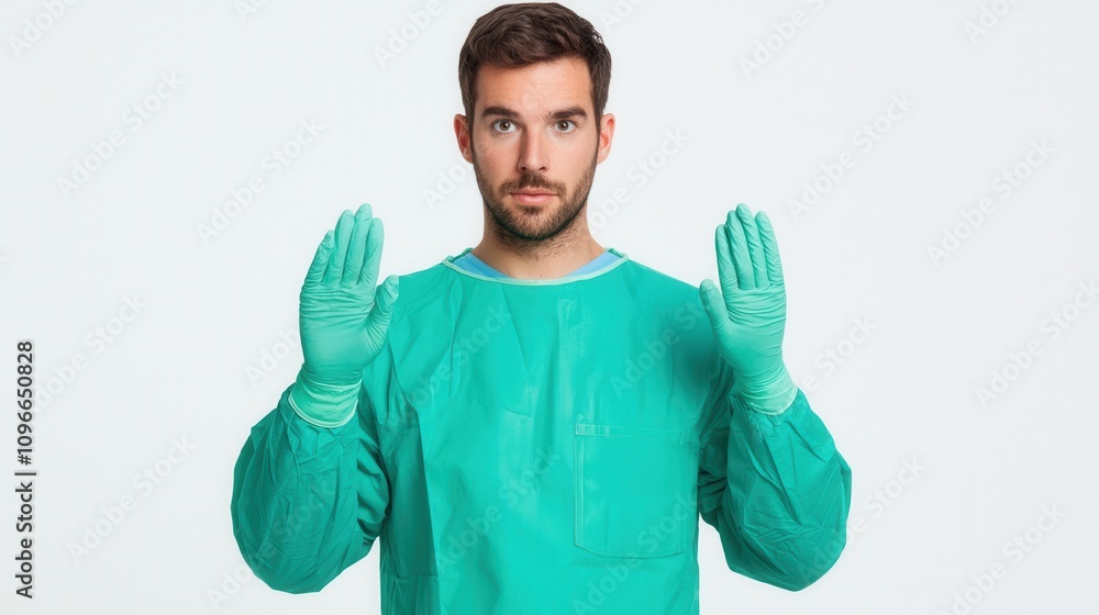 Naklejka premium Medical professional demonstrating hygiene protocols hospital setting healthcare image clinical environment frontal view infection control